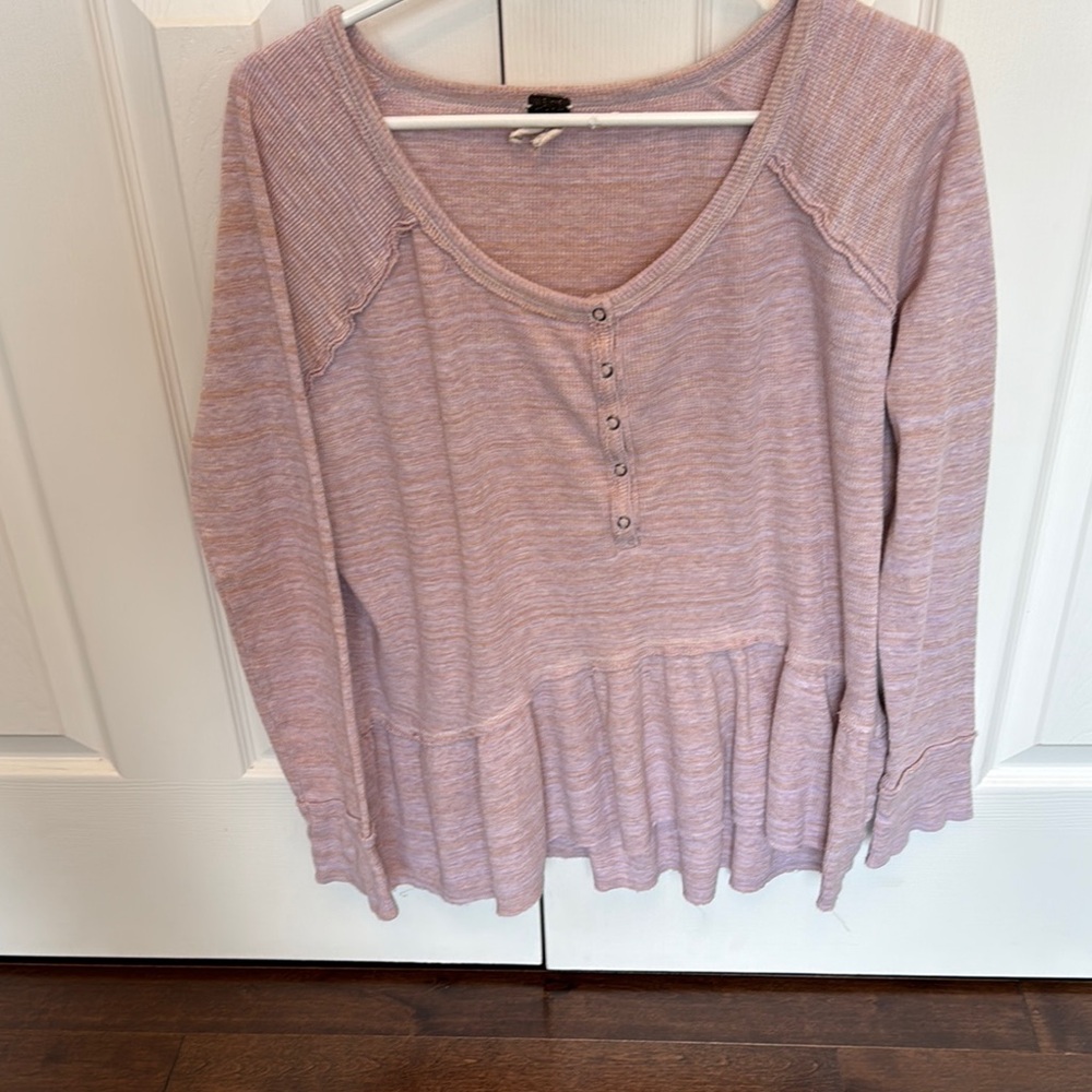 Light Mauve Peplum Henley Long-Sleeve Top